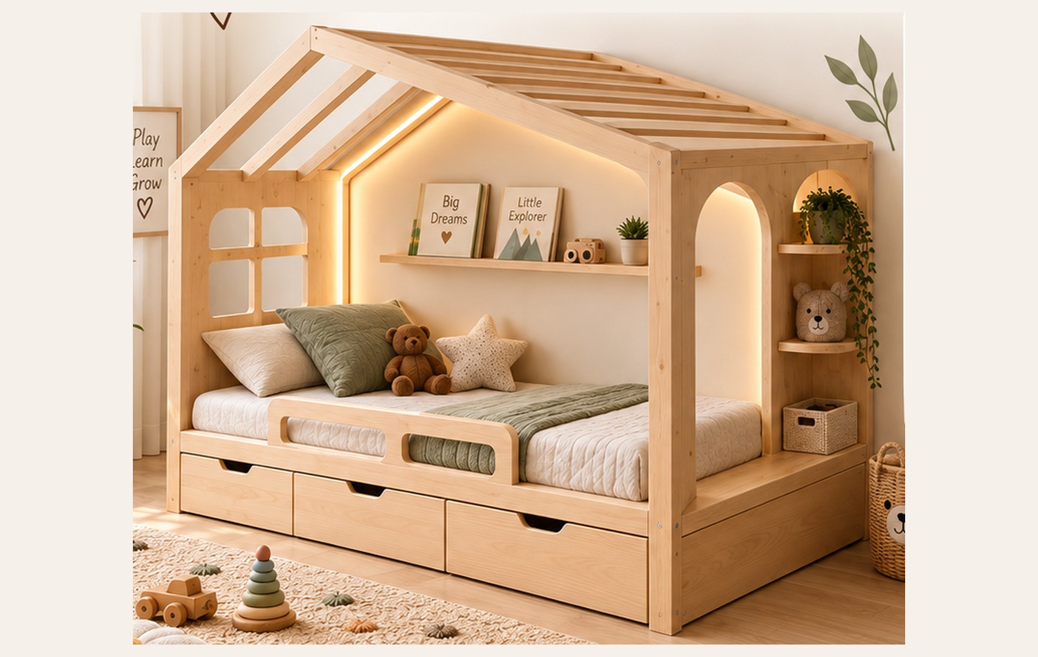 House Bed with Shelf, Drawers & Roof