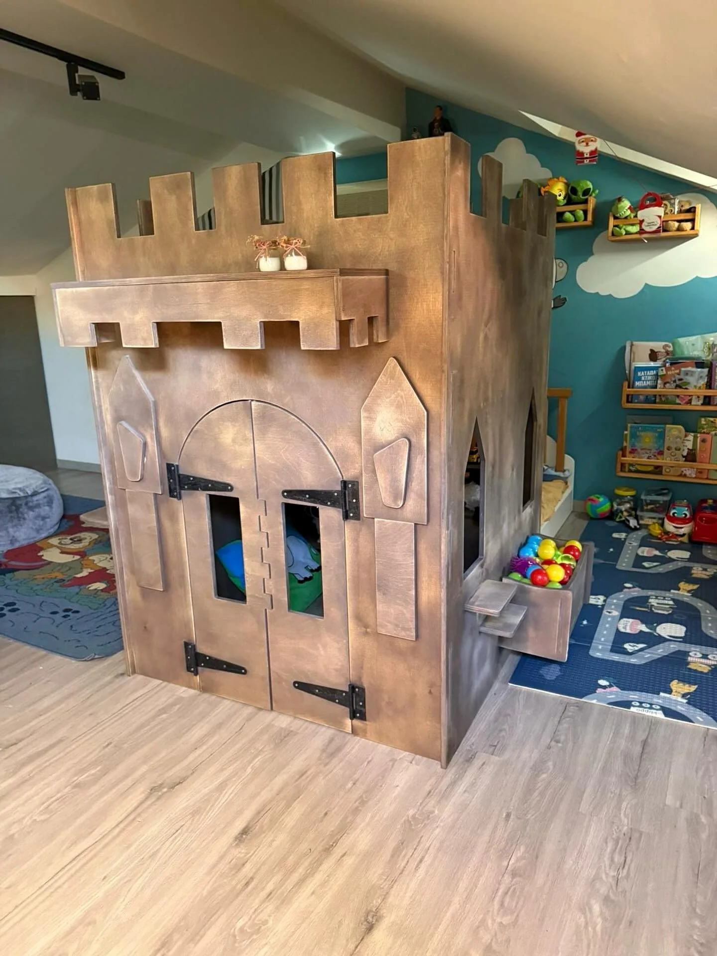 Custom plywood kids castle and indoor play structure
