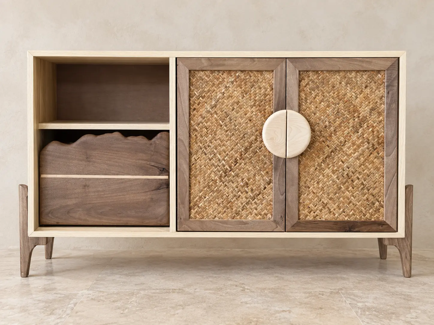 Custom boho TV console in olive veneer with walnut drawer and maple handles