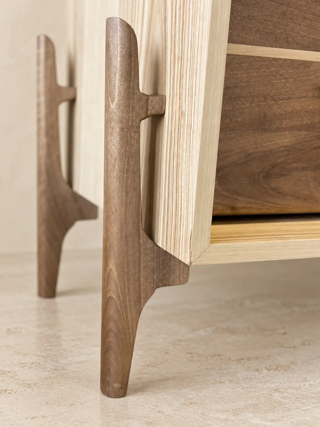 Handcrafted boho leg and cabinet joint detail
