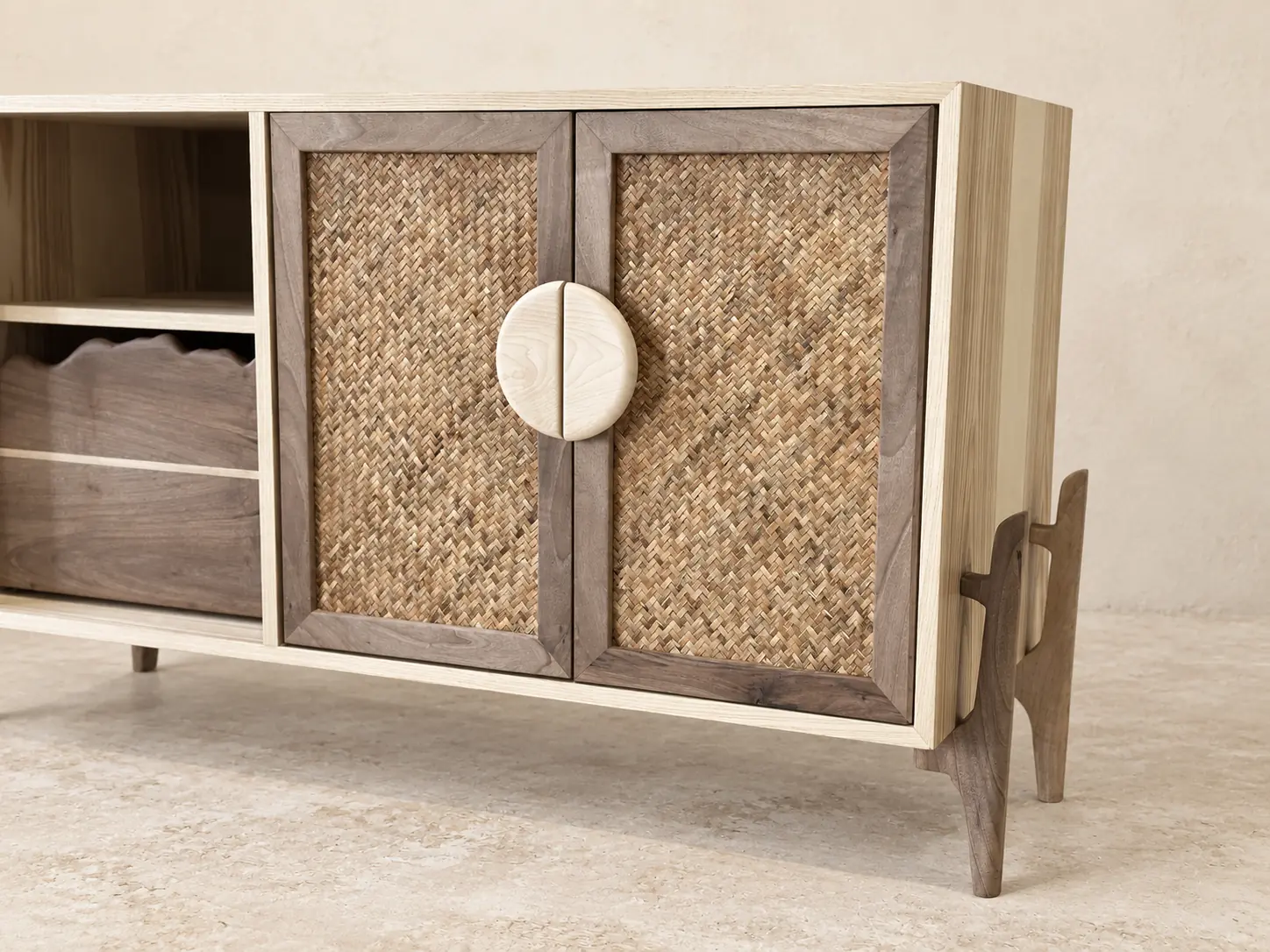 Custom boho TV console three-quarter view