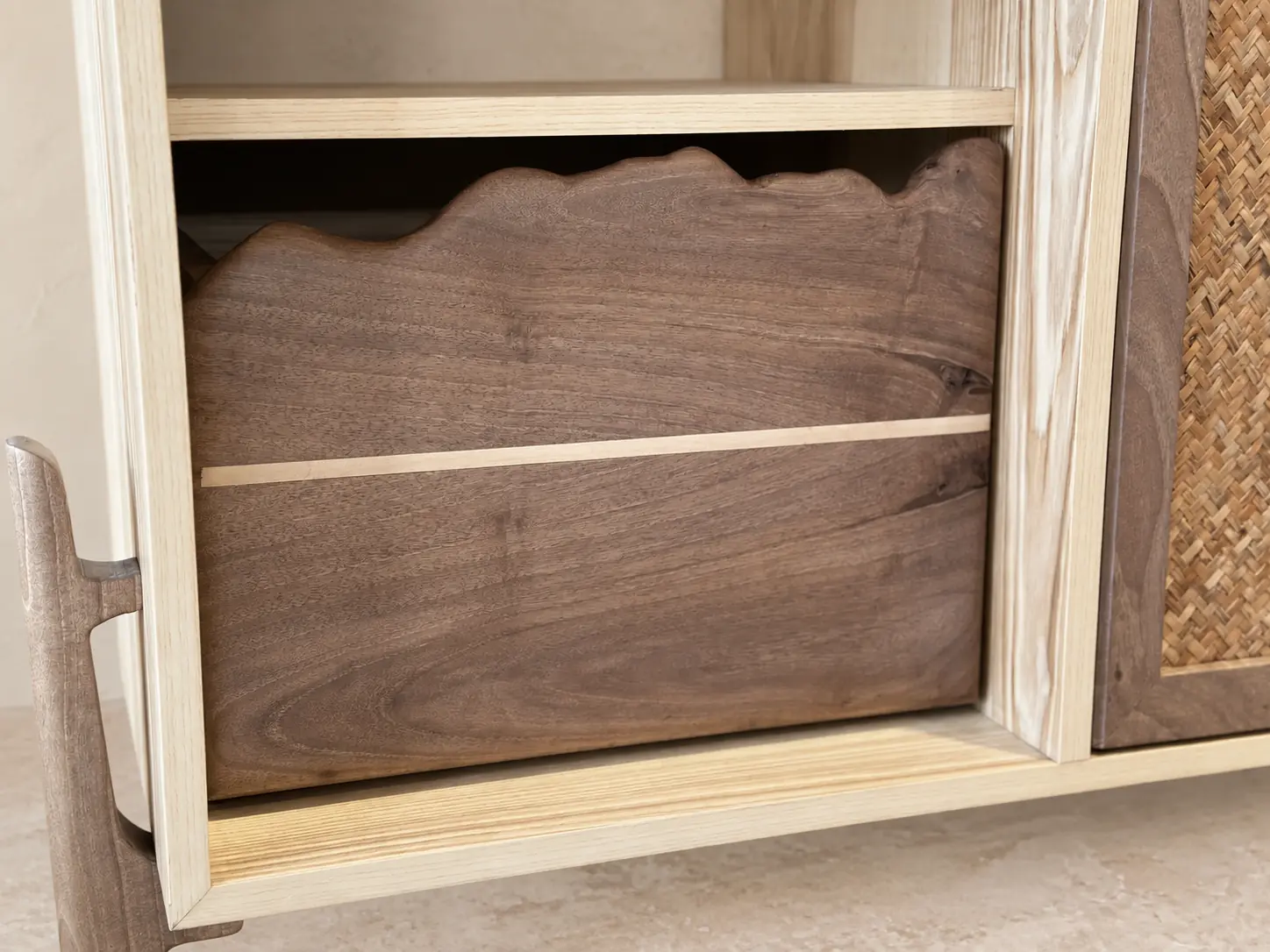 Handcrafted walnut drawer detail