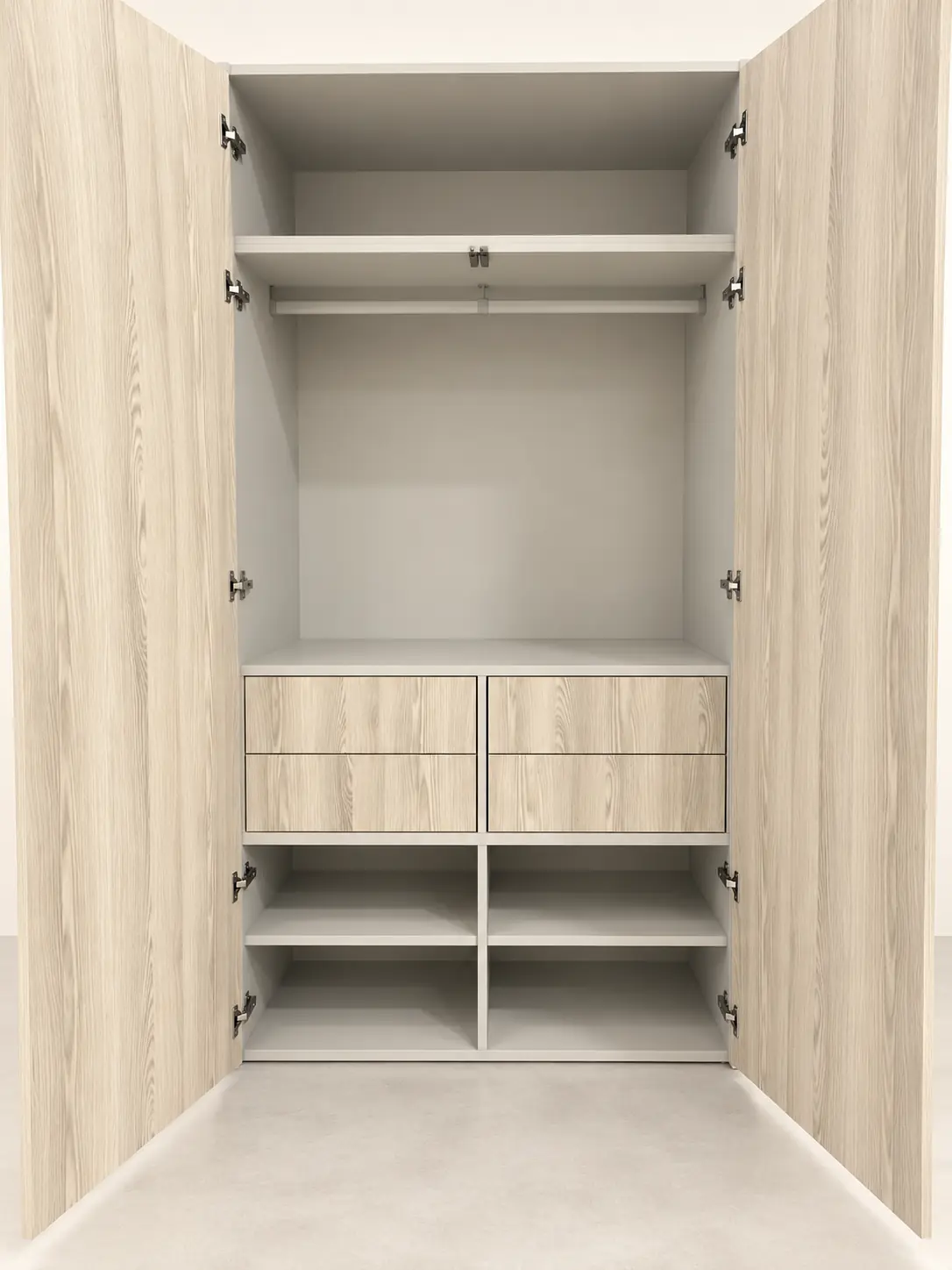 Simple melamine wardrobe interior with hanging rail, drawers and shelves