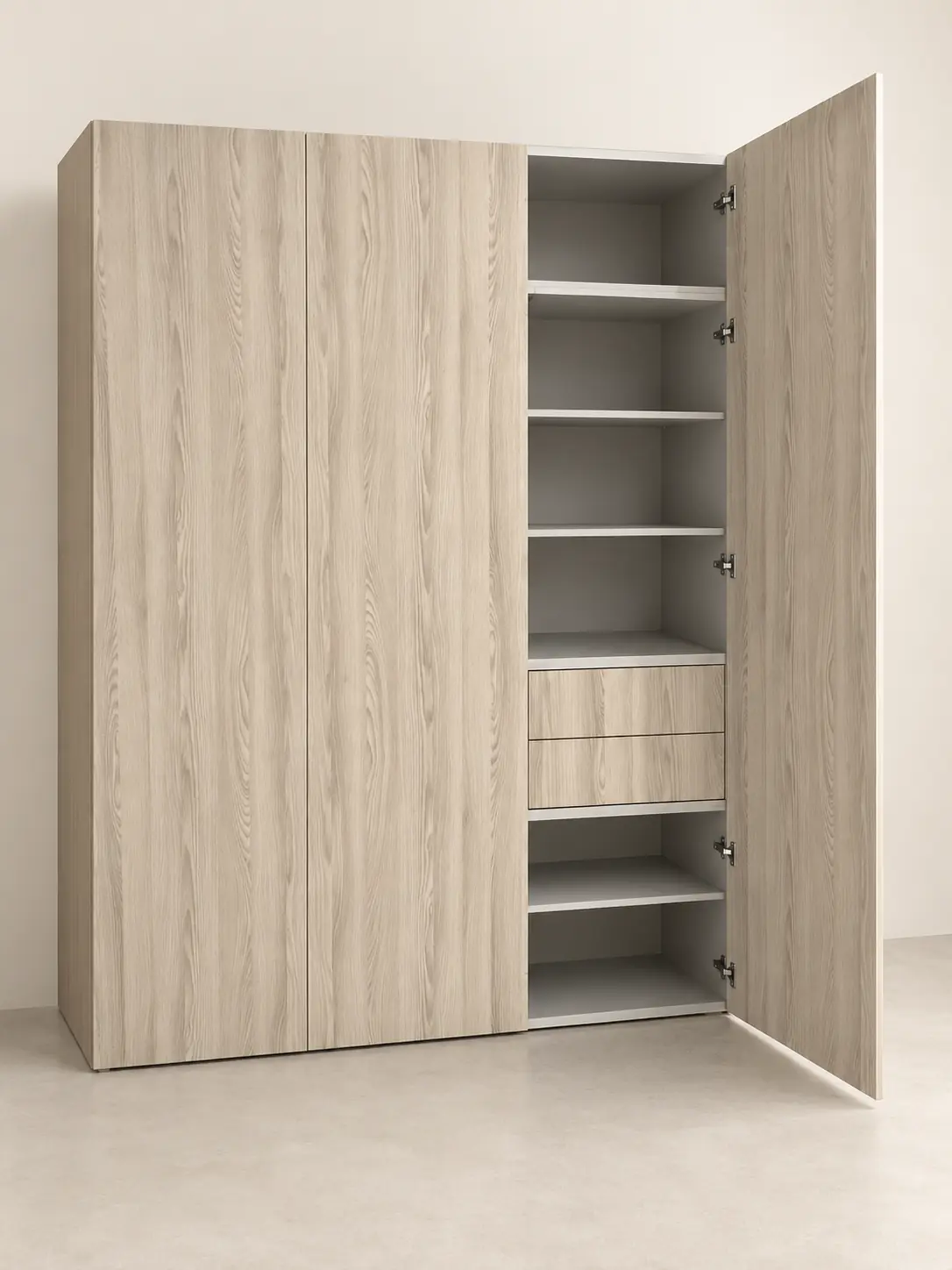 Open economical melamine wardrobe with shelves and drawers