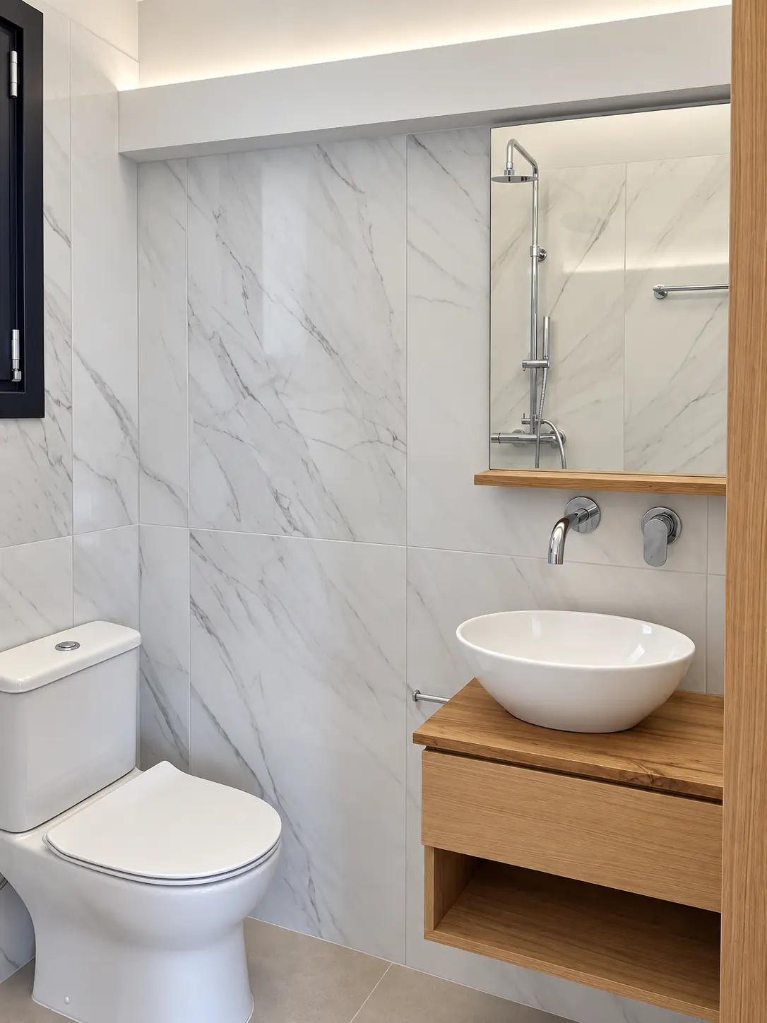 Compact bathroom with custom timber vanity
