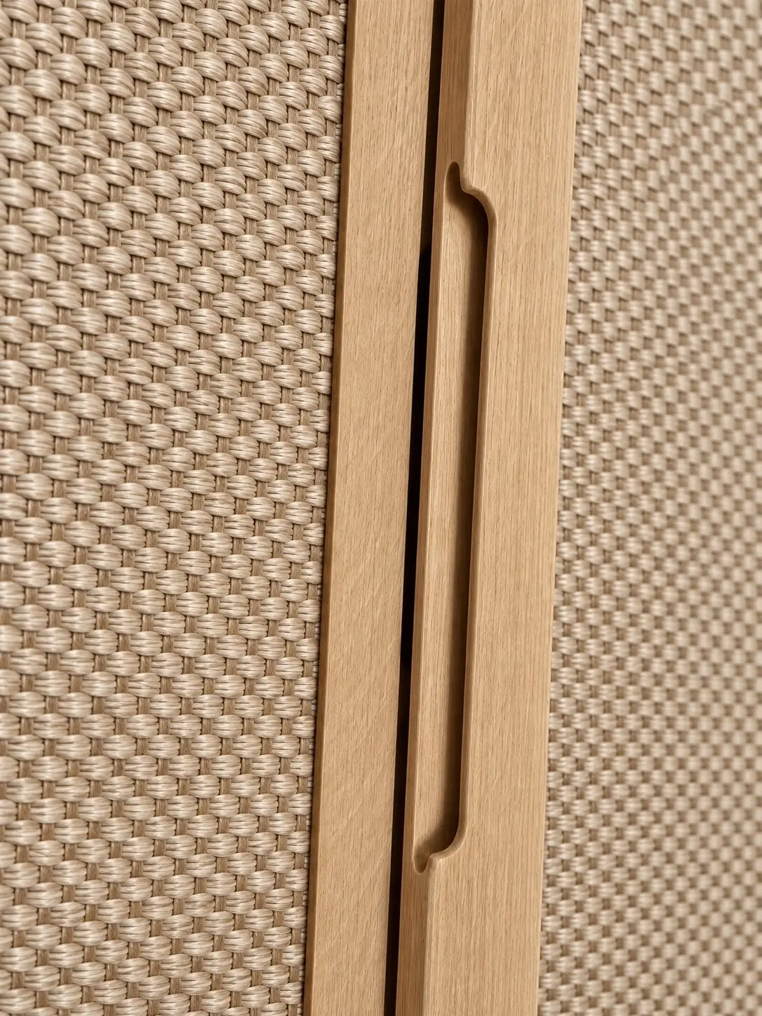White oak frame, natural cane and integrated handle detail