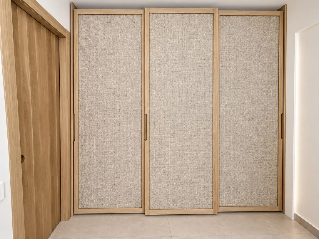 Custom sliding wardrobe in white oak and natural cane
