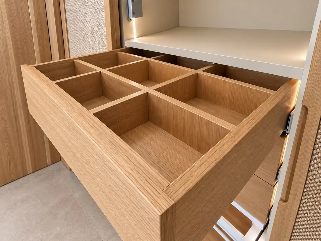 Oak-veneered drawer organiser detail