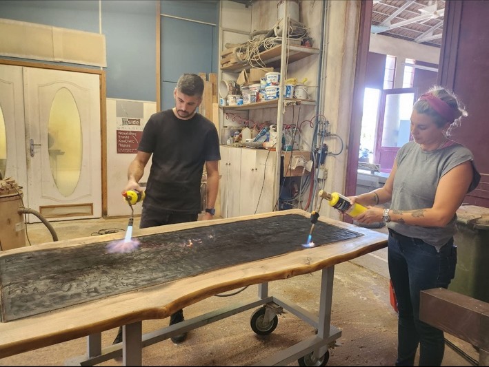 Panagiotis Simatos and Eleni Simatou working together in the 342 workshop